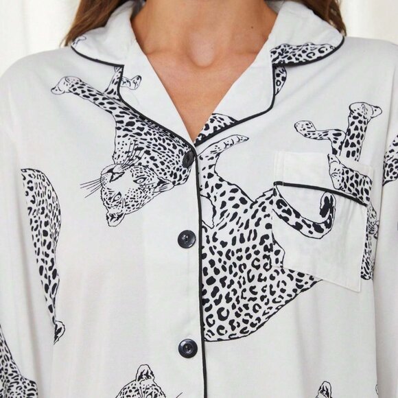 Casual Animal Leopard Print Collared Long Sleeve Top And Loose Pants Comfortable - Picture 5 of 9